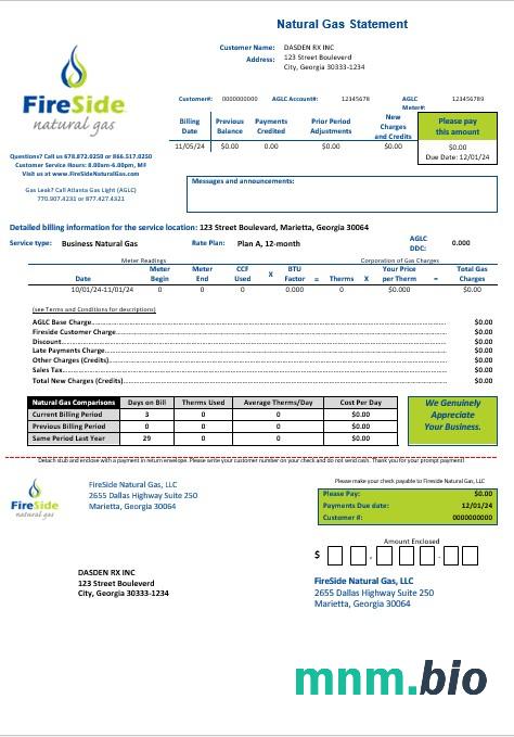 Usa California FireSide natural gas busienss szablon rachunku za media w formatach Word i PDF